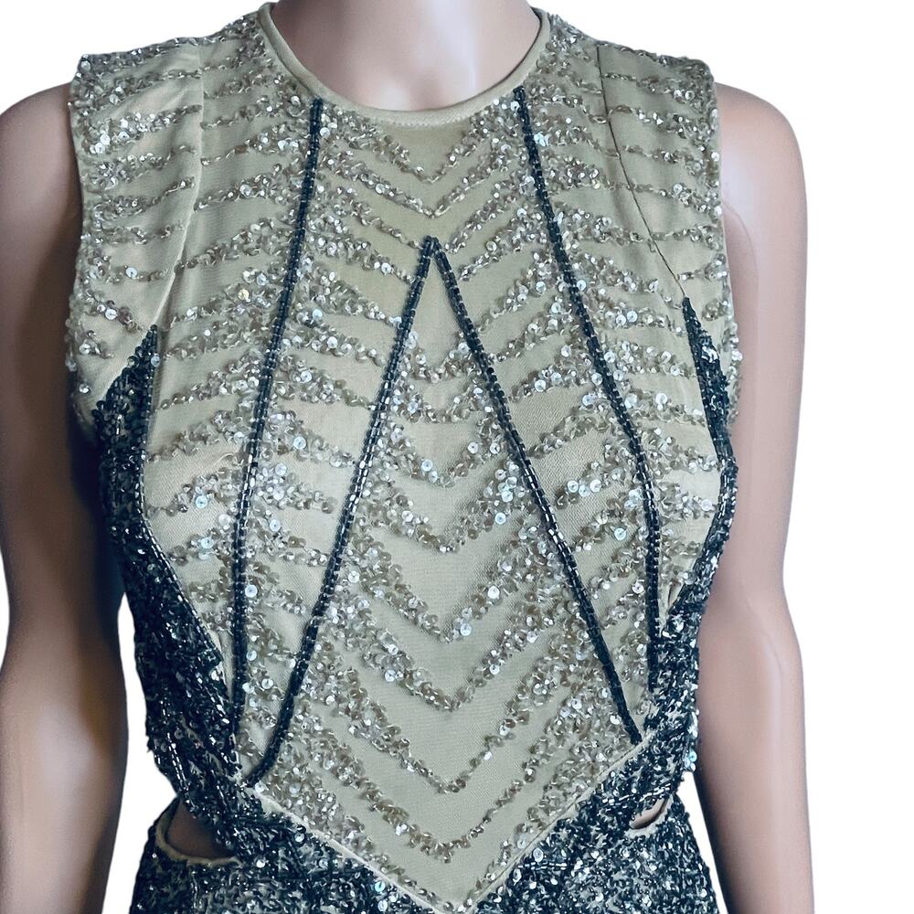 Venus Nude Black Sequin Formal Cut Out Side Sleeveless Evening Dress Gown 4 - Picture 7 of 14